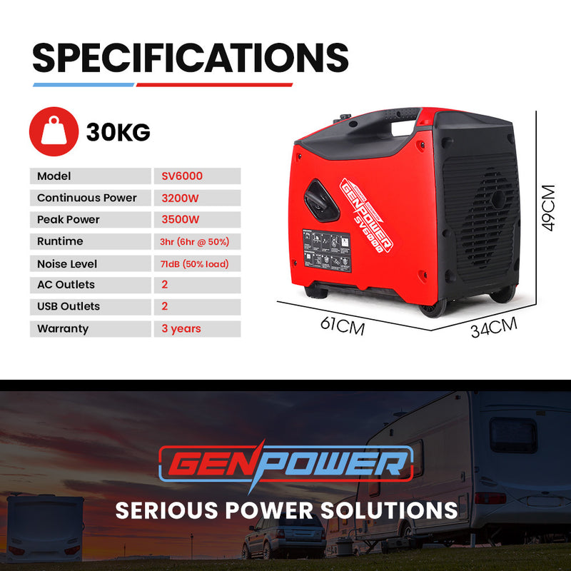 Load image into Gallery viewer, GENPOWER Inverter Generator Portable 3.5kW Max Petrol Pure Sine Wave Camping Power Station Red

