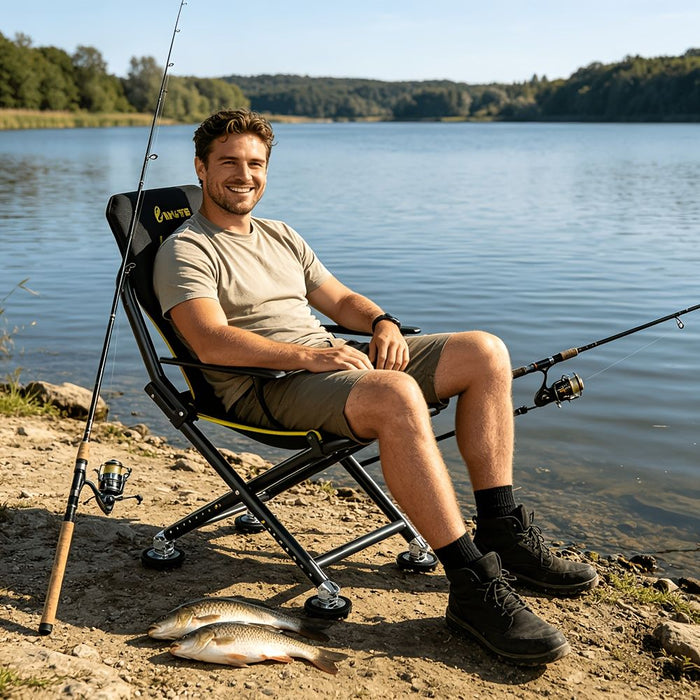 Black folding camping chair, outdoor chair, portable chair, sturdy camping chair, comfortable camping chair, camping furniture Australia