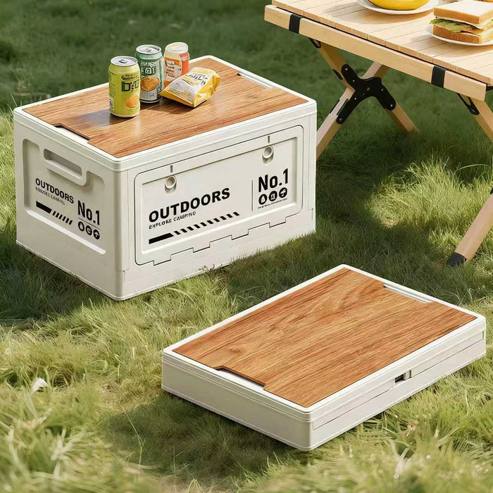 40cm White Multifunctional Foldable Storage Box with Wooden Lid - Collapsible Outdoor Camping Crate, Stackable Home Organizer with Side-Opening Doors for Car Trunk, Picnic and Pantry