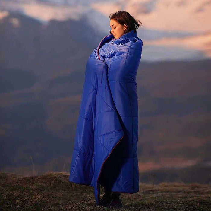 200x140cm Blue Large Outdoor Camping Down Cotton Wearable Warmth Blanket, Quilted Poncho Shawl Throw with Storage Bag, Lightweight Warm Camping Quilt for Camping Travel Home Use