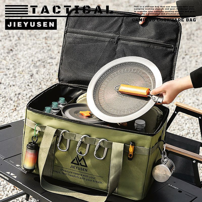 30L Collapsible Outdoor Tactical Organizer, Oxford Fabric Large Capacity Camping Gear Storage Bin with Waterproof PVC Base & Hanging Webbing for Picnic, Hiking, Camping & Kitchen Utensils, Black 38 x 26 x 30cm
