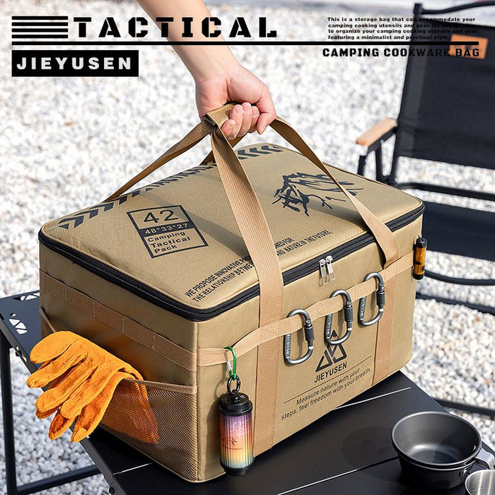 42L Collapsible Outdoor Tactical Organizer, Oxford Fabric Large Capacity Camping Gear Storage Bin with Waterproof PVC Base & Hanging Webbing for Picnic, Hiking, Camping & Kitchen Utensils, Black 48 x 27 x 33cm