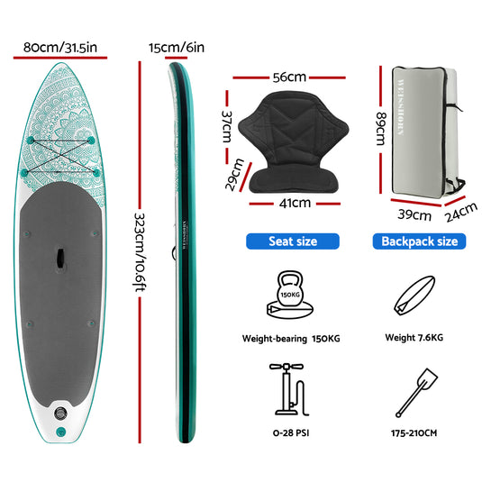 Weisshorn Stand Up Paddle Board 10.6ft Inflatable SUP Surfboard Paddleboard Kayak Surf Green