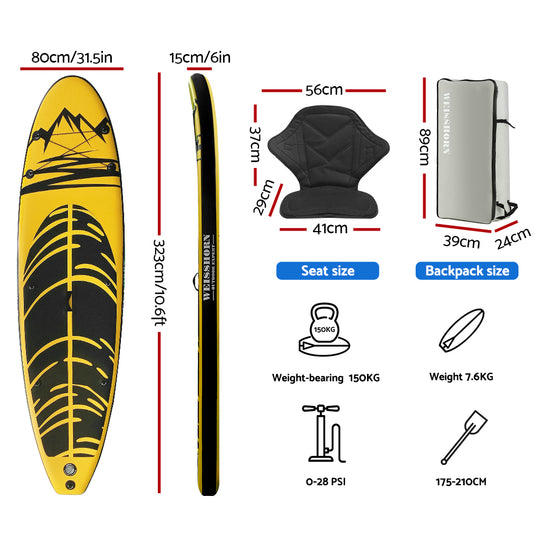 Weisshorn Stand Up Paddle Board 10.6ft Inflatable SUP Surfboard Paddleboard Kayak Surf Yellow